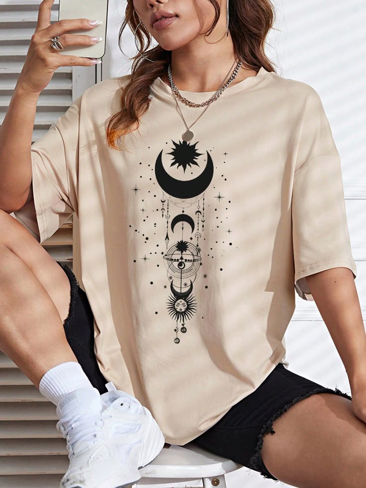 Sun Moon Celestial Graphic T-Shirt for Women – Aesthetic Astrology Oversized Tee