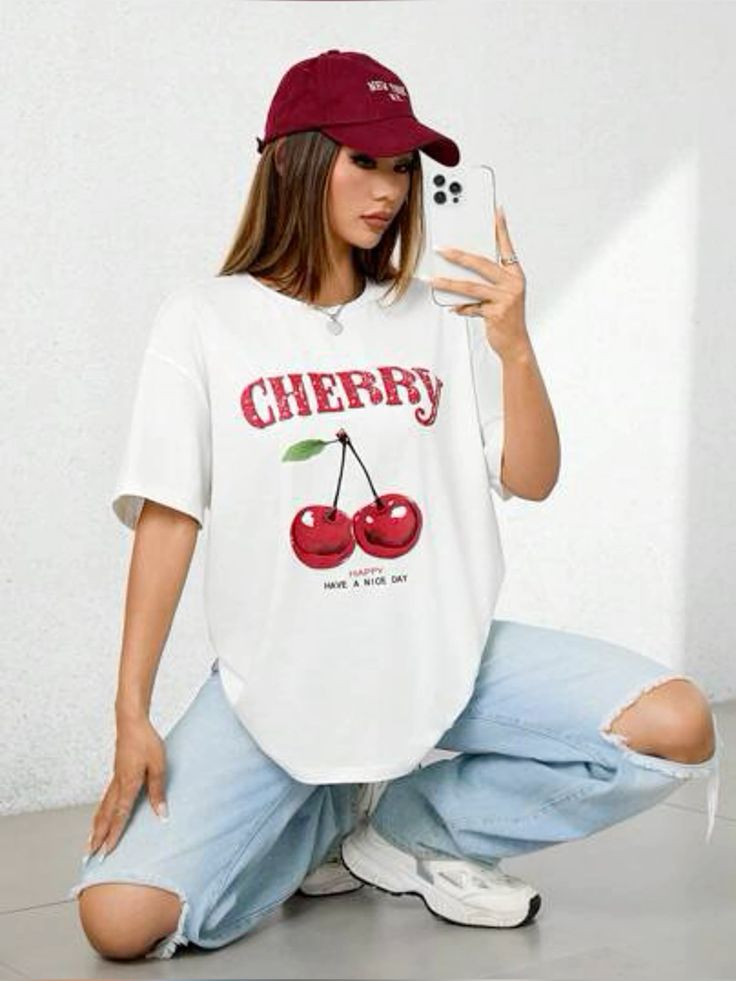 Cherry Print Oversized T-Shirt for Women – Cute Aesthetic Cotton Tees