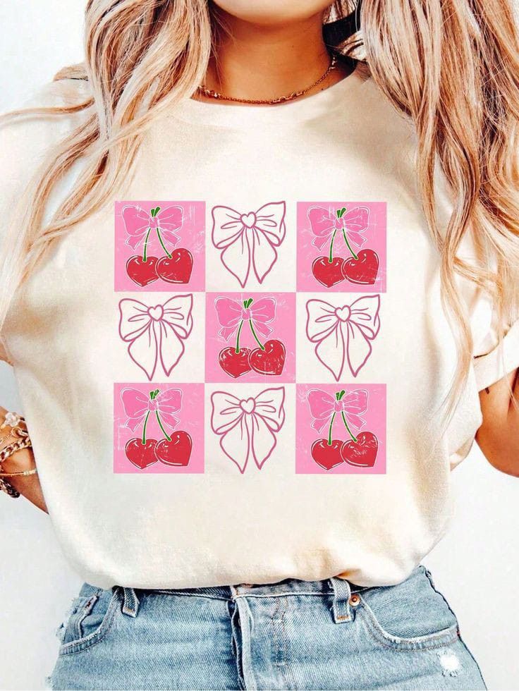 Cherry Bow Aesthetic Graphic T-Shirt for Women – Cute Soft Girl Streetwear Tee