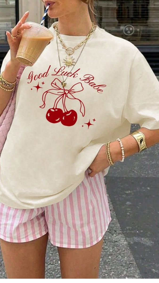 Good Luck Babe Cherry Graphic T-Shirt for Women – Cute Bow Cherry Aesthetic Tee