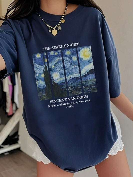 Starry Night Van Gogh Graphic T-Shirt for Women – Vintage Art Aesthetic Oversized Tee