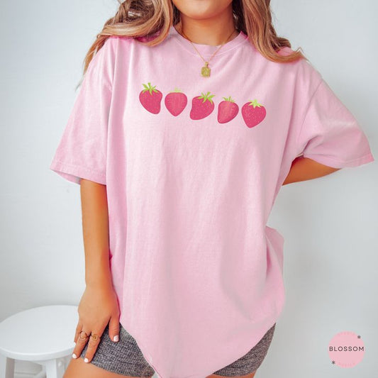 Strawberry Print Pink T-Shirt for Women – Cute Aesthetic Cotton Tee