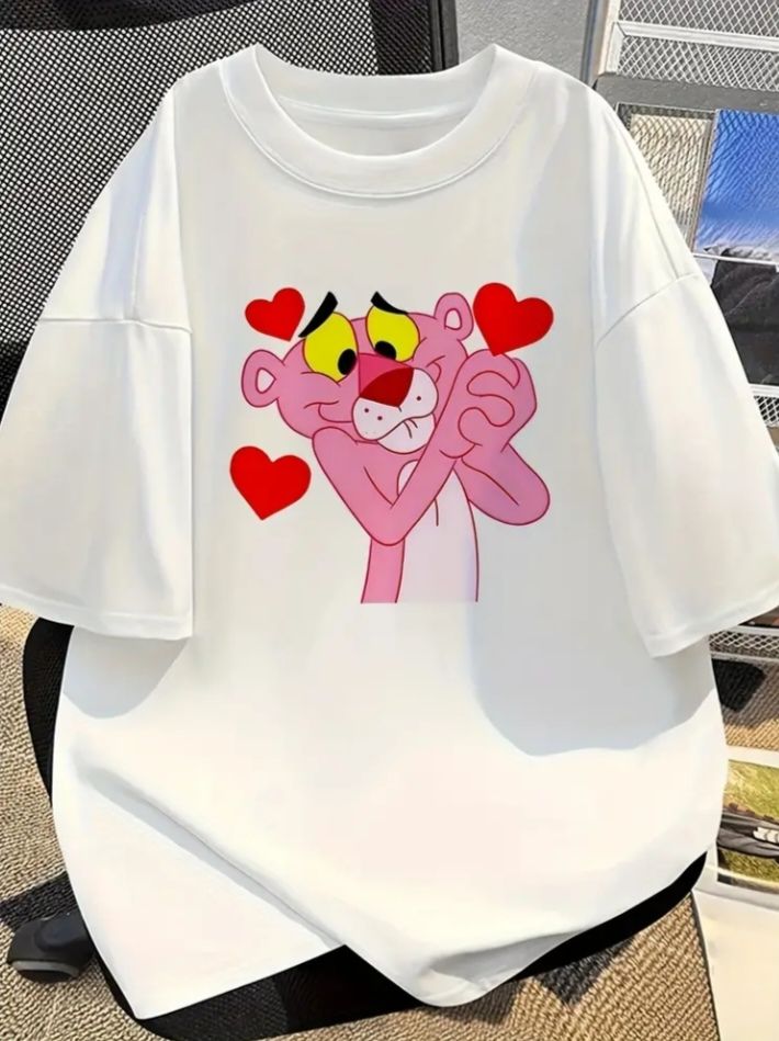 Cute Pink Panther Love Graphic T-Shirt for Women – Soft Cotton Casual Tee
