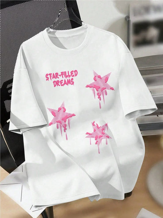 Star-Filled Dreams Pink Drip Star Graphic Oversized T-Shirt – Aesthetic Streetwear Tee
