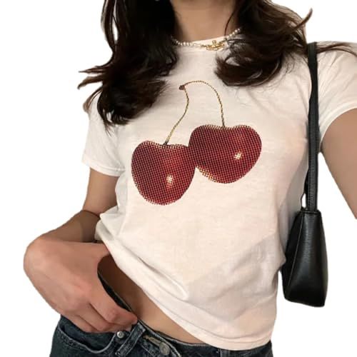 Cherry Rhinestone Graphic T-Shirt – Aesthetic Cherry Print Casual Tee