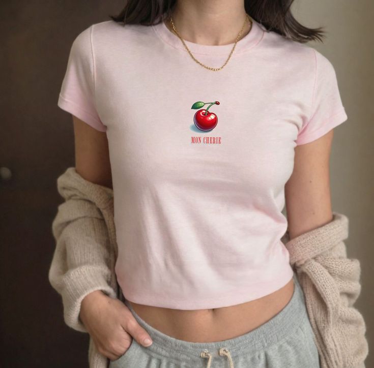 Mon Cherie Cherry Graphic Crop T-Shirt – Cute Aesthetic Pink Baby Tee