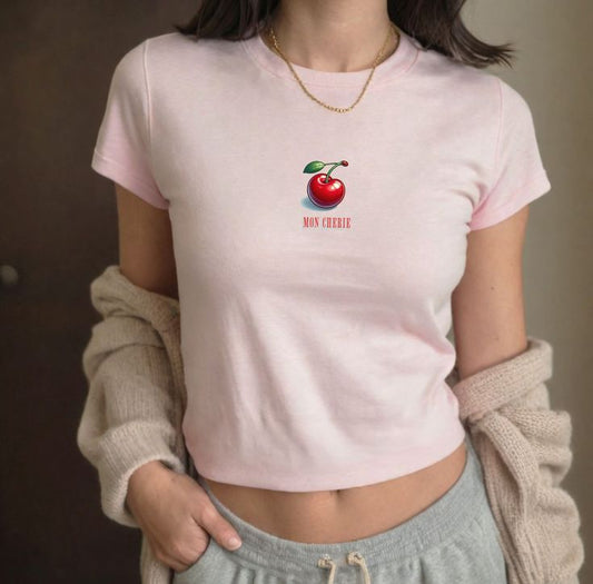 Mon Cherie Cherry Graphic Crop T-Shirt – Cute Aesthetic Pink Baby Tee