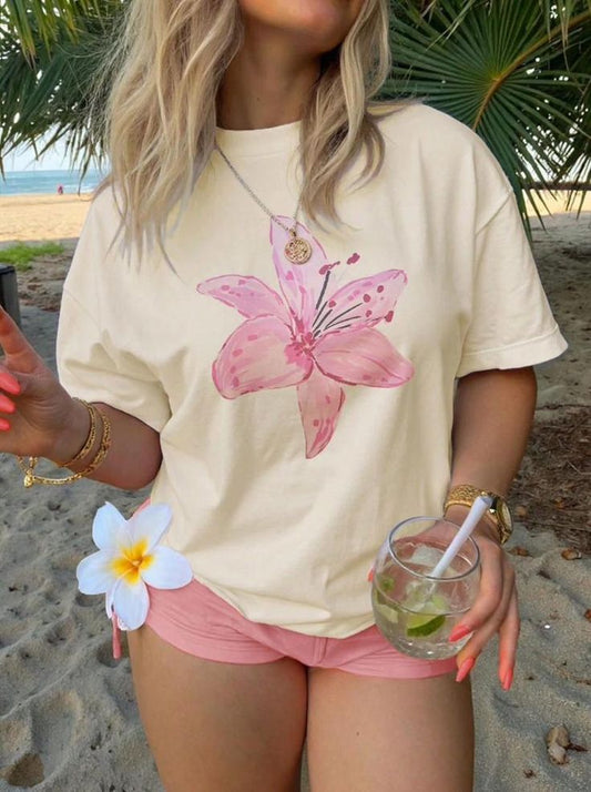Pink Lily Flower Graphic Oversized T-Shirt – Aesthetic Summer Streetwear Tee