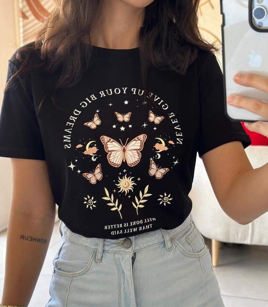 Celestial Butterfly Graphic T-Shirt for Women – Vintage Aesthetic Black Tee