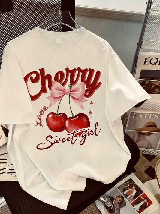 Cherry Sweet Girl Graphic T-Shirt for Women – Cute Cherry Bow Aesthetic Tee