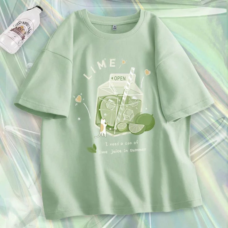 Lime Juice Cartoon Graphic T-Shirt for Women – Pastel Summer Aesthetic Tee