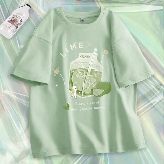 Lime Juice Cartoon Graphic T-Shirt for Women – Pastel Summer Aesthetic Tee