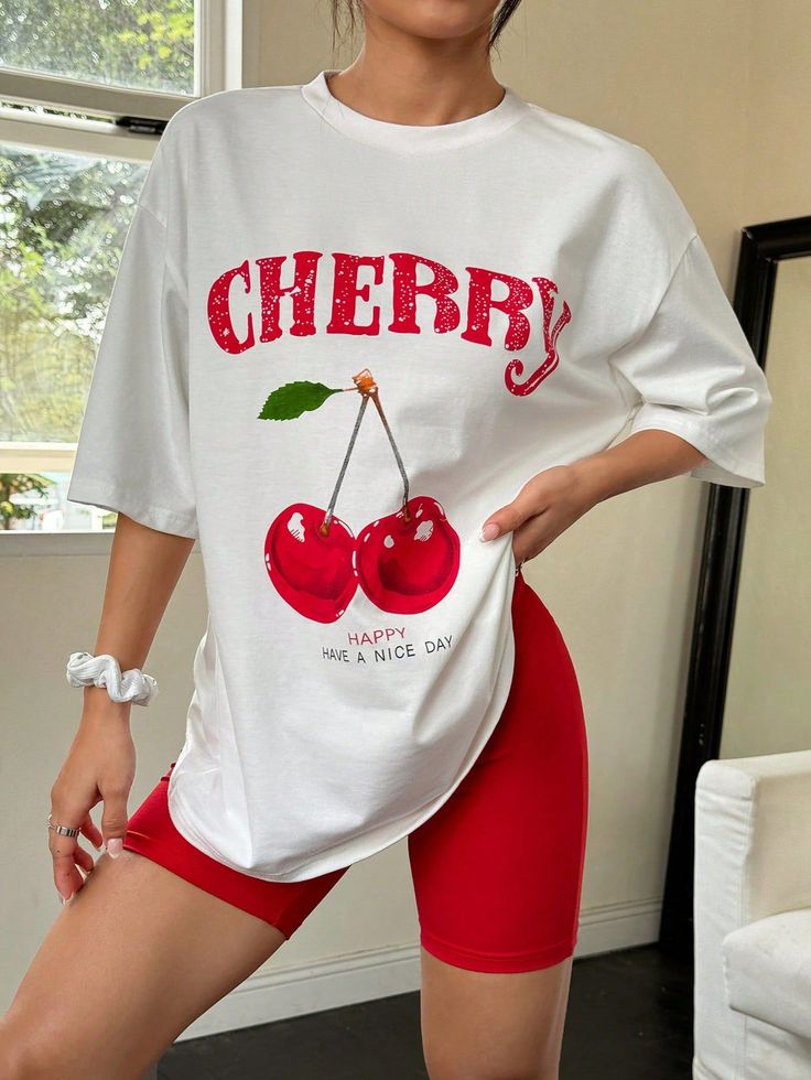 Cherry Print Oversized T-Shirt for Women – Cute Aesthetic Cotton Tees